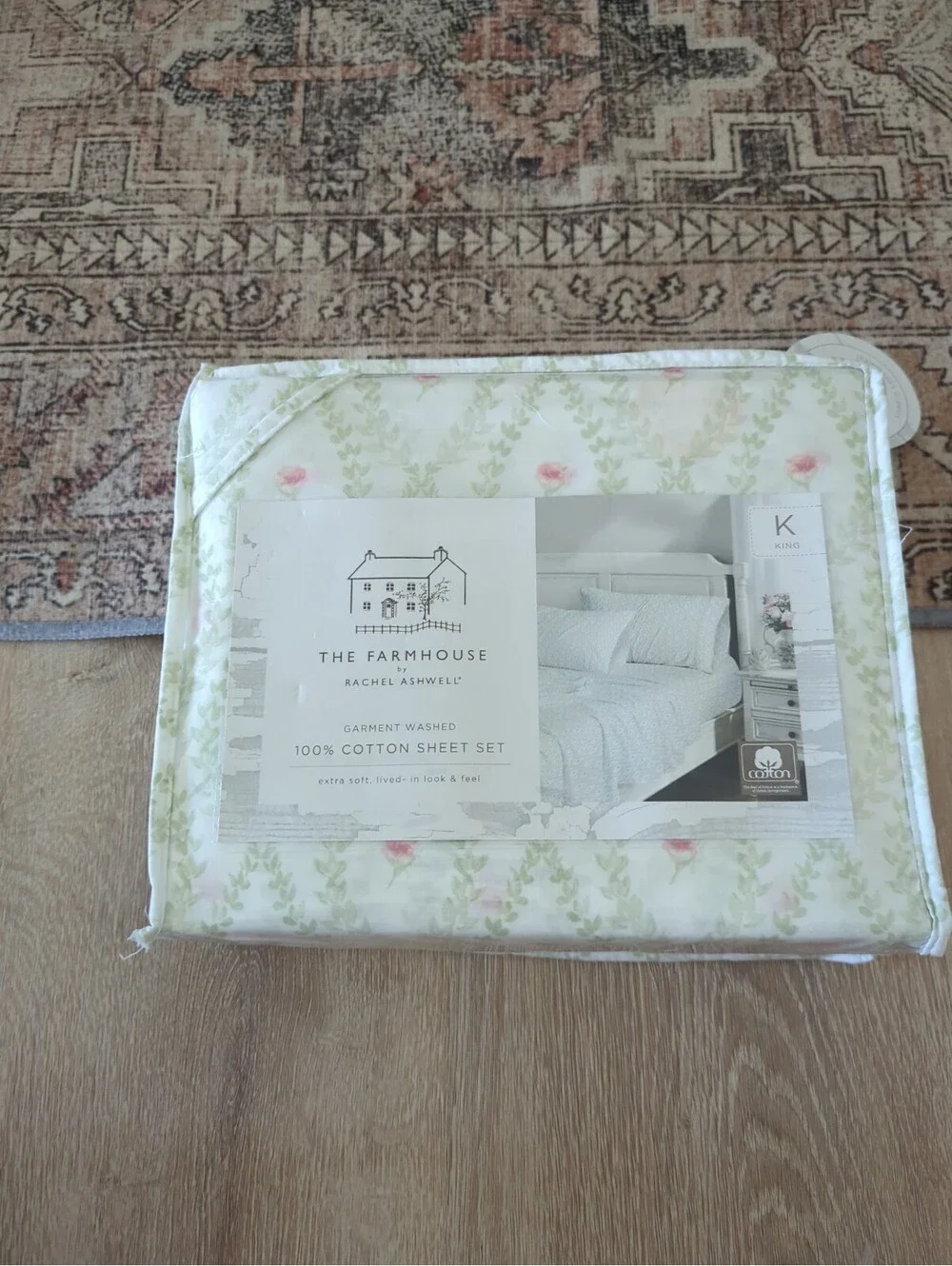 NWT Rachel Ashwell Farmhouse 4pc King Sheet Set Pink Roses Green Floral Cotton